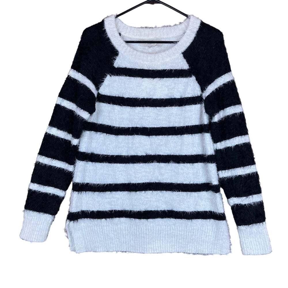 LOFT Womens Sweater White Black Striped Fuzzy Crew Neck Long Sleeve Small